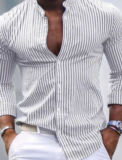 Hot OUKU Men's Shirt Band Collar Shirt Summer Shirt Beach Wear Casual Shirt Button Up Shirt Pink Blue Green Gray Long Sleeve Striped Stand Collar Vacation Hawaiian Print Clothing Apparel Fashion Classic