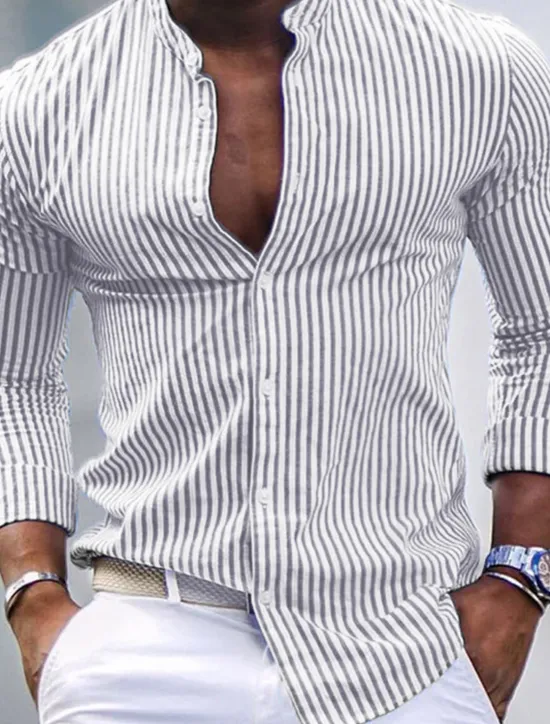 Hot OUKU Men's Shirt Band Collar Shirt Summer Shirt Beach Wear Casual Shirt Button Up Shirt Pink Blue Green Gray Long Sleeve Striped Stand Collar Vacation Hawaiian Print Clothing Apparel Fashion Classic