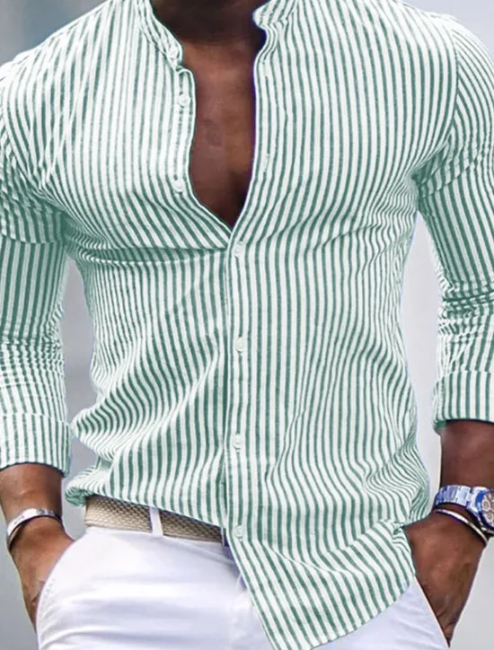 Hot OUKU Men's Shirt Band Collar Shirt Summer Shirt Beach Wear Casual Shirt Button Up Shirt Pink Blue Green Gray Long Sleeve Striped Stand Collar Vacation Hawaiian Print Clothing Apparel Fashion Classic