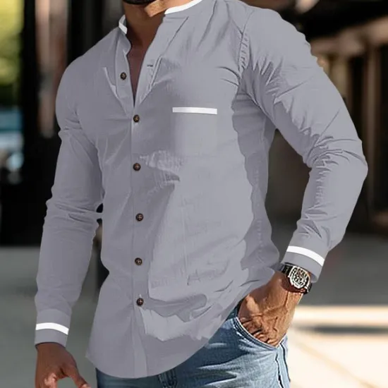Discount OUKU Men's Shirt Band Collar Shirt Summer Shirt Dress Shirt Button Up Shirt White Dark Blue Gray Light Blue Long Sleeve Color Block Stand Collar Daily Vacation Front Pocket Clothing Apparel Cotton Cotton