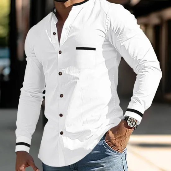 Discount OUKU Men's Shirt Band Collar Shirt Summer Shirt Dress Shirt Button Up Shirt White Dark Blue Gray Light Blue Long Sleeve Color Block Stand Collar Daily Vacation Front Pocket Clothing Apparel Cotton Cotton
