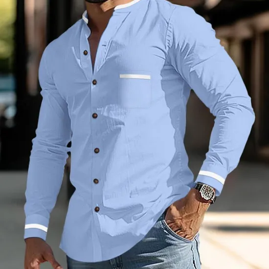 Discount OUKU Men's Shirt Band Collar Shirt Summer Shirt Dress Shirt Button Up Shirt White Dark Blue Gray Light Blue Long Sleeve Color Block Stand Collar Daily Vacation Front Pocket Clothing Apparel Cotton Cotton