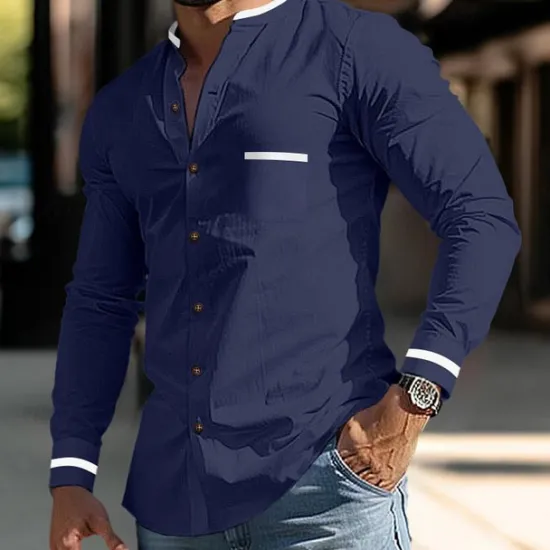 Discount OUKU Men's Shirt Band Collar Shirt Summer Shirt Dress Shirt Button Up Shirt White Dark Blue Gray Light Blue Long Sleeve Color Block Stand Collar Daily Vacation Front Pocket Clothing Apparel Cotton Cotton