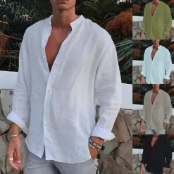 Clearance OUKU Men's Shirt Band Collar Shirt Summer Shirt Beach Wear Button Up Shirt Plain Outdoor Vacation Black White Blue Green Long Sleeve Turndown Spring & Fall Clothing Apparel