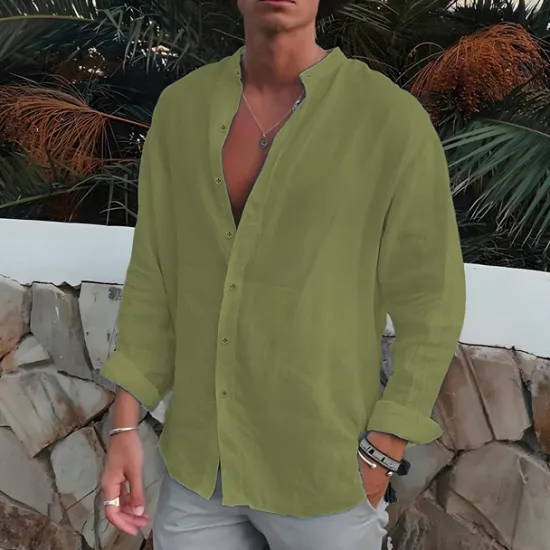 Clearance OUKU Men's Shirt Band Collar Shirt Summer Shirt Beach Wear Button Up Shirt Plain Outdoor Vacation Black White Blue Green Long Sleeve Turndown Spring & Fall Clothing Apparel