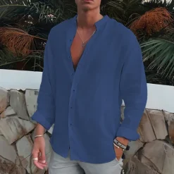 Clearance OUKU Men's Shirt Band Collar Shirt Summer Shirt Beach Wear Button Up Shirt Plain Outdoor Vacation Black White Blue Green Long Sleeve Turndown Spring & Fall Clothing Apparel