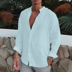 Clearance OUKU Men's Shirt Band Collar Shirt Summer Shirt Beach Wear Button Up Shirt Plain Outdoor Vacation Black White Blue Green Long Sleeve Turndown Spring & Fall Clothing Apparel