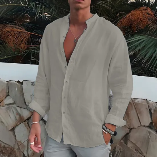 Clearance OUKU Men's Shirt Band Collar Shirt Summer Shirt Beach Wear Button Up Shirt Plain Outdoor Vacation Black White Blue Green Long Sleeve Turndown Spring & Fall Clothing Apparel