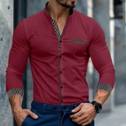 Discount OUKU Men's Shirt Band Collar Shirt Summer Shirt Dress Shirt Button Up Shirt Casual Shirt White Wine Blue Long Sleeve Stripe Band Collar Daily Vacation Splice Clothing Apparel Cotton Cotton Blend Fashion