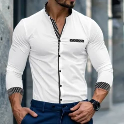 Discount OUKU Men's Shirt Band Collar Shirt Summer Shirt Dress Shirt Button Up Shirt Casual Shirt White Wine Blue Long Sleeve Stripe Band Collar Daily Vacation Splice Clothing Apparel Cotton Cotton Blend Fashion