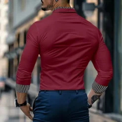 Discount OUKU Men's Shirt Band Collar Shirt Summer Shirt Dress Shirt Button Up Shirt Casual Shirt White Wine Blue Long Sleeve Stripe Band Collar Daily Vacation Splice Clothing Apparel Cotton Cotton Blend Fashion