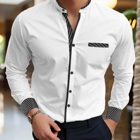 Best OUKU Men's Shirt Band Collar Shirt Summer Shirt Dress Shirt Button Up Shirt Casual Shirt White Burgundy Blue Long Sleeve Stripes Stand Collar Daily Vacation Splice Clothing Apparel Cotton Cotton Blend