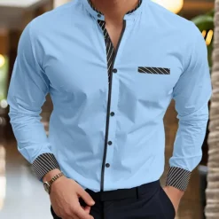 Best OUKU Men's Shirt Band Collar Shirt Summer Shirt Dress Shirt Button Up Shirt Casual Shirt White Burgundy Blue Long Sleeve Stripes Stand Collar Daily Vacation Splice Clothing Apparel Cotton Cotton Blend