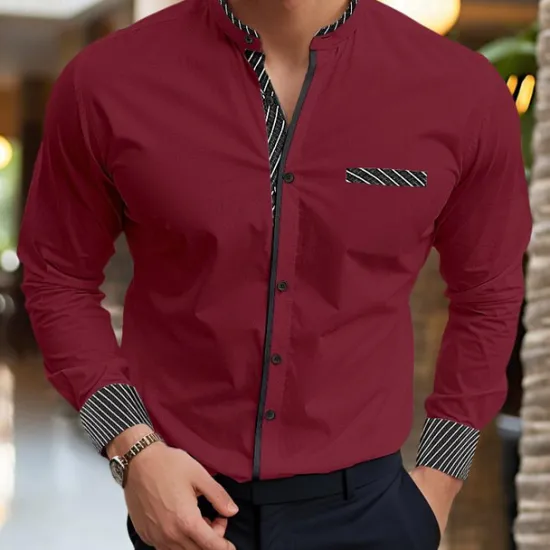 Best OUKU Men's Shirt Band Collar Shirt Summer Shirt Dress Shirt Button Up Shirt Casual Shirt White Burgundy Blue Long Sleeve Stripes Stand Collar Daily Vacation Splice Clothing Apparel Cotton Cotton Blend