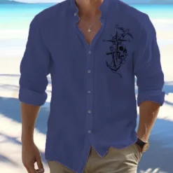 Best OUKU Men's Shirt Beach Shirt Button Up Shirt Anchor Outdoor Vacation White Pink Orange Green Long Sleeve Standing Collar Spring & Fall Clothing Apparel Print