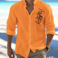 Best OUKU Men's Shirt Beach Shirt Button Up Shirt Anchor Outdoor Vacation White Pink Orange Green Long Sleeve Standing Collar Spring & Fall Clothing Apparel Print