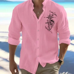 Best OUKU Men's Shirt Beach Shirt Button Up Shirt Anchor Outdoor Vacation White Pink Orange Green Long Sleeve Standing Collar Spring & Fall Clothing Apparel Print