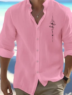 Online OUKU Men's Shirt Beach Shirt Button Up Shirt Symbol Outdoor Vacation Black White Pink Green Long Sleeve Standing Collar Spring & Fall Clothing Apparel Print
