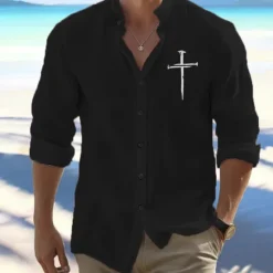 Best OUKU Men's Shirt Beach Shirt Button Up Shirt Faith Outdoor Vacation Black White Orange Light Grey Long Sleeve Standing Collar Spring & Fall Clothing Apparel Print