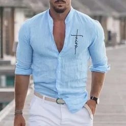 Clearance OUKU Men's Shirt Beach Shirt Graphic Prints Outdoor Vacation Black White Khaki Gray Long Sleeve Stand Collar Summer Spring Clothing Apparel Print