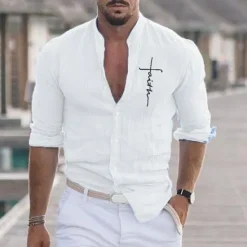 Clearance OUKU Men's Shirt Beach Shirt Graphic Prints Outdoor Vacation Black White Khaki Gray Long Sleeve Stand Collar Summer Spring Clothing Apparel Print