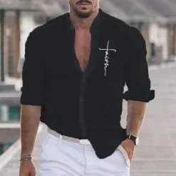 Clearance OUKU Men's Shirt Beach Shirt Graphic Prints Outdoor Vacation Black White Khaki Gray Long Sleeve Stand Collar Summer Spring Clothing Apparel Print