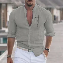 Clearance OUKU Men's Shirt Beach Shirt Graphic Prints Outdoor Vacation Black White Khaki Gray Long Sleeve Stand Collar Summer Spring Clothing Apparel Print
