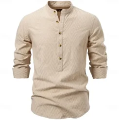 Hot OUKU Men's Shirt Black White khaki Long Sleeve Solid Color Standing Collar Outdoor Causal Buttons Clothing Apparel Daily Casual Daily Leisure