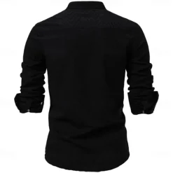 Hot OUKU Men's Shirt Black White khaki Long Sleeve Solid Color Standing Collar Outdoor Causal Buttons Clothing Apparel Daily Casual Daily Leisure
