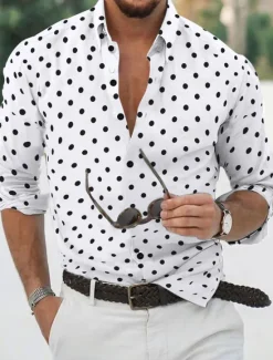 Discount OUKU Men's Shirt Button Up Shirt Casual Shirt Summer Shirt Black White Pink Blue Long Sleeve Polka Dot Lapel Daily Vacation Clothing Apparel Fashion Casual Comfortable