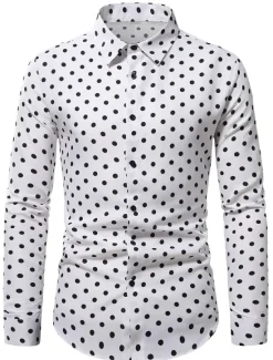 Discount OUKU Men's Shirt Button Up Shirt Casual Shirt Summer Shirt Black White Pink Blue Long Sleeve Polka Dot Lapel Daily Vacation Clothing Apparel Fashion Casual Comfortable