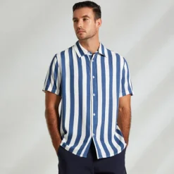 Clearance OUKU Men's Shirt Button Up Shirt Casual Shirt Beach Shirt Blue Short Sleeve Striped Turndown Shirt Collar Party Causal Button Clothing Apparel Daily Casual Daily Light Blue