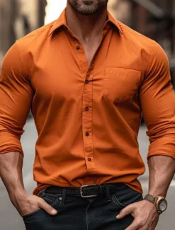 Clearance OUKU Men's Shirt Button Up Shirt Casual Shirt Black White Pink Blue Long Sleeve Plain Lapel Daily Vacation Front Pocket Clothing Apparel Fashion Casual Comfortable Orange