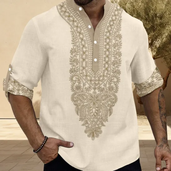 Sale OUKU Men's Shirt Button Up Shirt Henley Shirt Long Sleeve Vintage Casual Tribal Vacation Daily Wear Summer Winter Spring & Fall Mandarin Collar Band Collar Buttons Print off-white