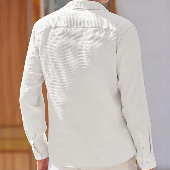 Hot OUKU Men's Shirt Button Up Shirt Casual Shirt Waffle Shirt Black White Blue khaki Long Sleeve Plain Collar Daily Vacation Clothing Apparel Fashion Casual