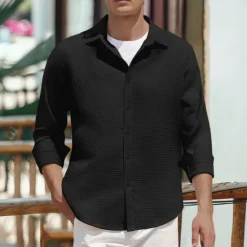 Hot OUKU Men's Shirt Button Up Shirt Casual Shirt Waffle Shirt Black White Blue khaki Long Sleeve Plain Collar Daily Vacation Clothing Apparel Fashion Casual