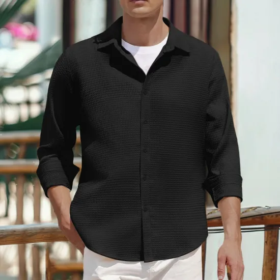 Hot OUKU Men's Shirt Button Up Shirt Casual Shirt Waffle Shirt Black White Blue khaki Long Sleeve Plain Collar Daily Vacation Clothing Apparel Fashion Casual