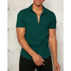 Outlet OUKU Men's Shirt Button Up Shirt Summer Shirt Casual Shirt Black White Yellow Blue Dark Green Short Sleeve Plain Lapel Daily Vacation Clothing Apparel Fashion Casual Comfortable