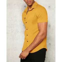 Outlet OUKU Men's Shirt Button Up Shirt Summer Shirt Casual Shirt Black White Yellow Blue Dark Green Short Sleeve Plain Lapel Daily Vacation Clothing Apparel Fashion Casual Comfortable