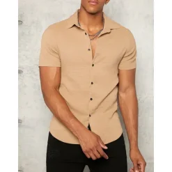 Outlet OUKU Men's Shirt Button Up Shirt Summer Shirt Casual Shirt Black White Yellow Blue Dark Green Short Sleeve Plain Lapel Daily Vacation Clothing Apparel Fashion Casual Comfortable