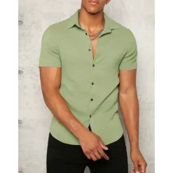 Outlet OUKU Men's Shirt Button Up Shirt Summer Shirt Casual Shirt Black White Yellow Blue Dark Green Short Sleeve Plain Lapel Daily Vacation Clothing Apparel Fashion Casual Comfortable