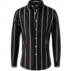 Best OUKU Men's Shirt Button Up Shirt Stripes Wedding Party Black White Red Dark Green Long Sleeve Lapel Spring & Fall Clothing Apparel