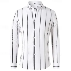 Best OUKU Men's Shirt Button Up Shirt Stripes Wedding Party Black White Red Dark Green Long Sleeve Lapel Spring & Fall Clothing Apparel