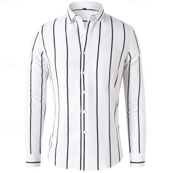 Best OUKU Men's Shirt Button Up Shirt Stripes Wedding Party Black White Red Dark Green Long Sleeve Lapel Spring & Fall Clothing Apparel