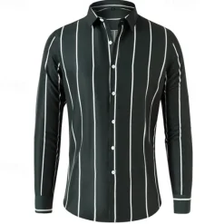 Best OUKU Men's Shirt Button Up Shirt Stripes Wedding Party Black White Red Dark Green Long Sleeve Lapel Spring & Fall Clothing Apparel