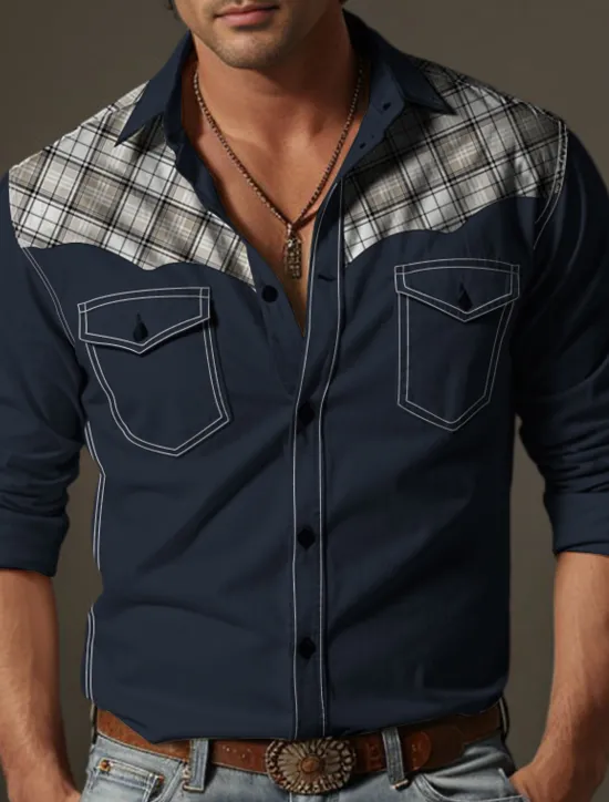 Best OUKU Men's Shirt Button Up Shirt Casual Shirt Western Shirt Black White Navy Blue Long Sleeve Plaid Color Block Lapel Daily Vacation Splice Clothing Apparel Fashion Casual Comfortable