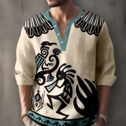 OUKU Men's Shirt Button Up Shirt Long Sleeve Casual Tribal Holiday Summer Spring Fall Stand Collar Print Blue Beige