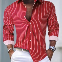 Clearance OUKU Men's Shirt Button Up Shirt Casual Shirt Summer Shirt Pink Blue Green Long Sleeve Stripes Lapel Hawaiian Holiday Button-Down Clothing Apparel Fashion Casual Comfortable