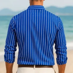 Clearance OUKU Men's Shirt Button Up Shirt Casual Shirt Summer Shirt Pink Blue Green Long Sleeve Stripes Lapel Hawaiian Holiday Button-Down Clothing Apparel Fashion Casual Comfortable
