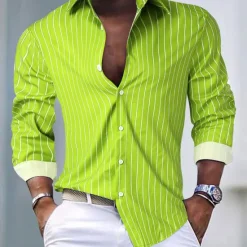 Clearance OUKU Men's Shirt Button Up Shirt Casual Shirt Summer Shirt Pink Blue Green Long Sleeve Stripes Lapel Hawaiian Holiday Button-Down Clothing Apparel Fashion Casual Comfortable